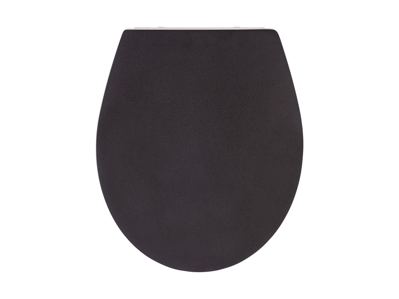 Dark grey toilet seat with a textured finish, viewed from above.