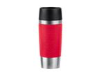Rød og sort termokop med kaffetema-design.