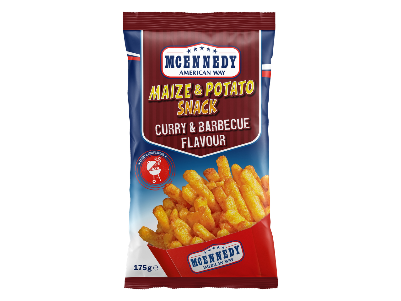 Snacks de milho e batata McEnnedy, sabor curry e barbecue.