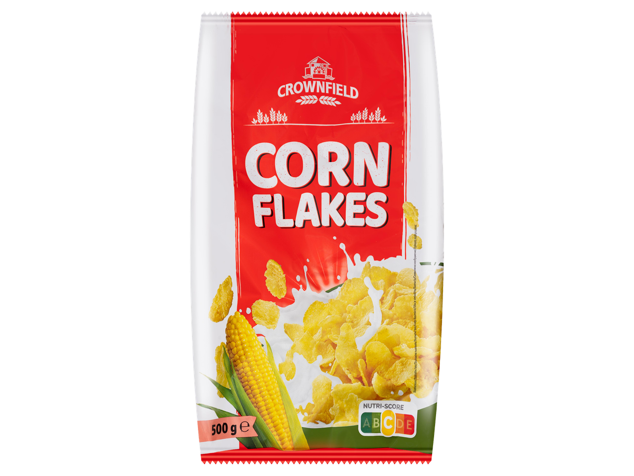 Kukoricapehely 500 g-os csomagolásban, tejjel és kukoricacsővel, Nutri-Score A-tól E-ig.