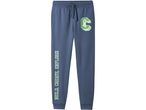 Blue Minecraft sweatpants with a pixelated 'C' and 'BUILD. CREATE. EXPLORE!' text.