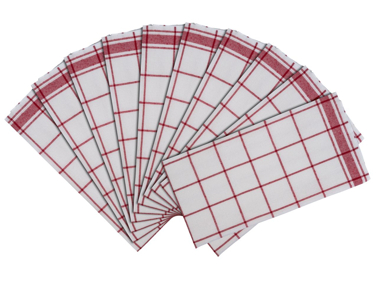 A fan-shaped arrangement of ten white kitchen towels with red pattern