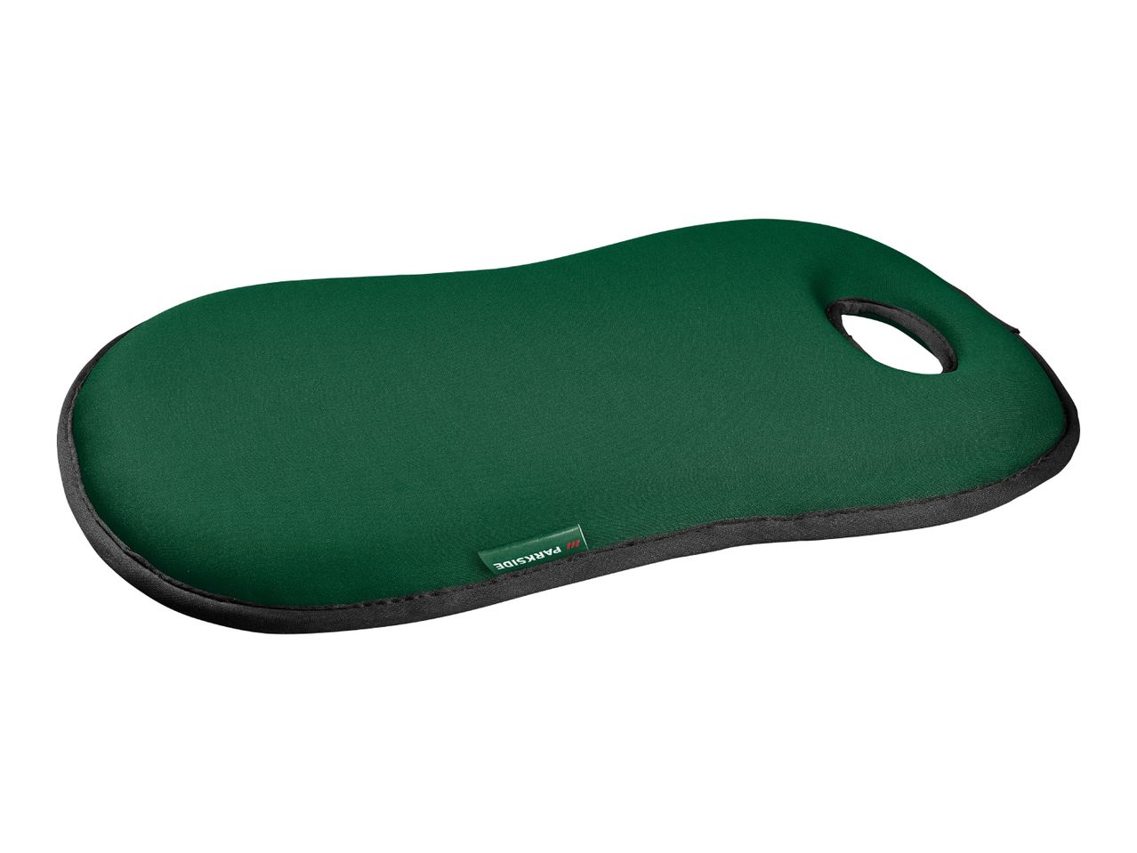 Green foam kneeling pad with a carrying handle and black trim
