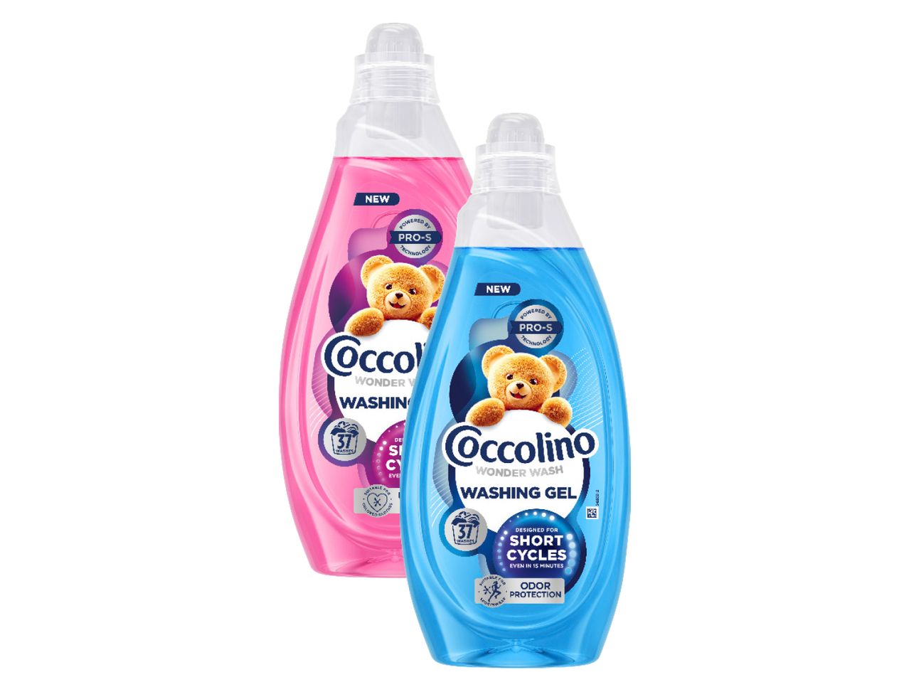 Divas Coccolino Wonder Wash veļas želejas pudeles: viena rozā un viena zila.
