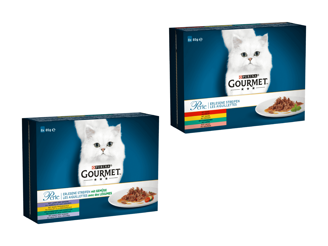 Due confezioni di cibo umido per gatti con sfilaccetti in salsa e verdure.