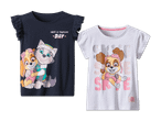Zwei Paw Patrol T-Shirts für Mädchen, eines dunkelblau mit Skye und Everest, das andere weiß mit Skye.