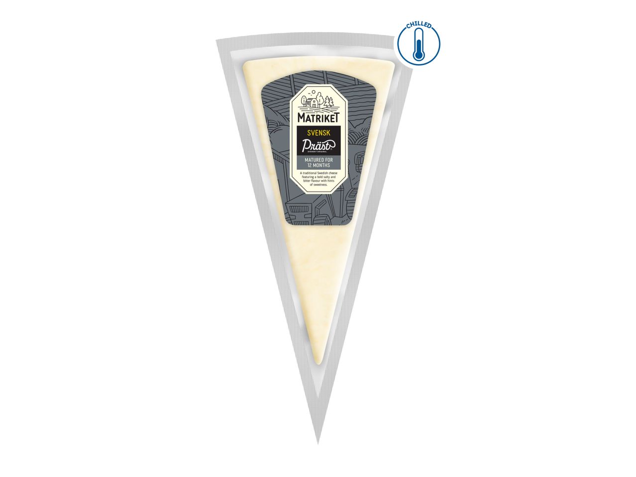 A triangular wedge of Matriket Svensk Präst cheese in packaging, labeled as 'chilled'.