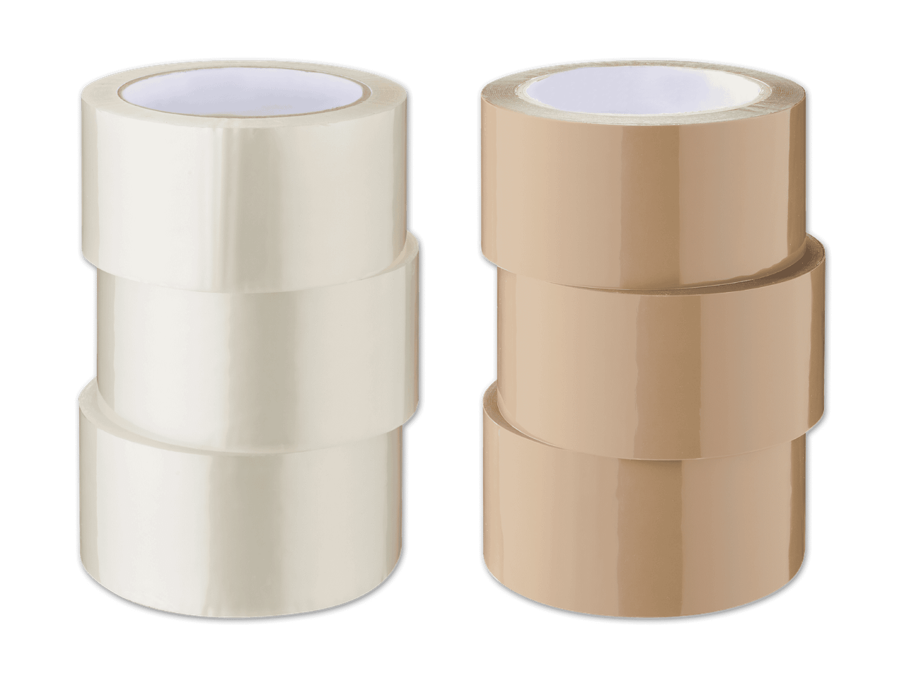 Stapel aus drei transparenten und drei braunen Paketklebebändern.