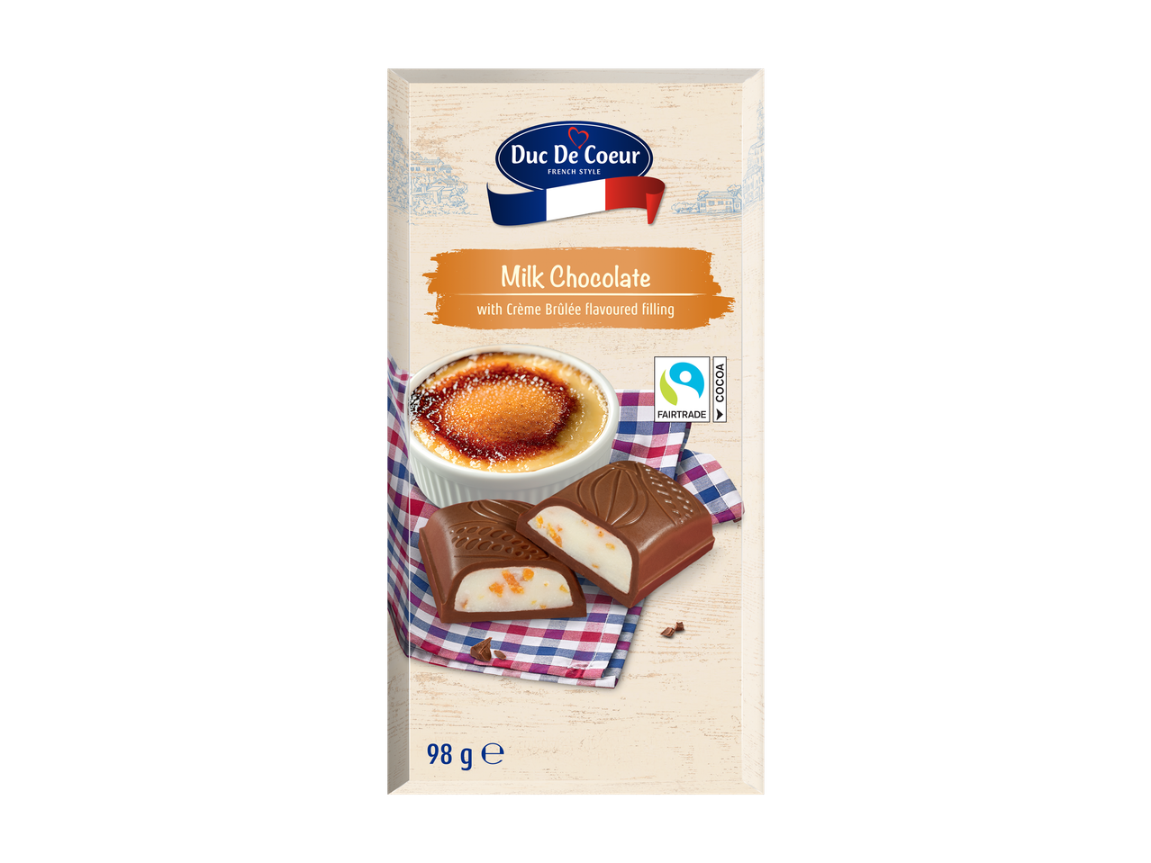 Duc De Coeur melkchocolade met crème brûlée smaakvulling, 98g.