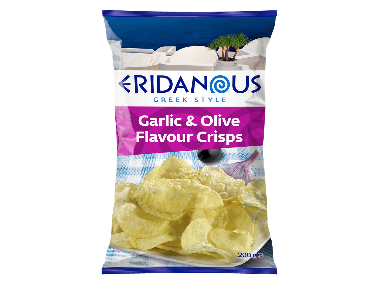 Eridanus Griekse stijl, chips met knoflook en olijven smaak.