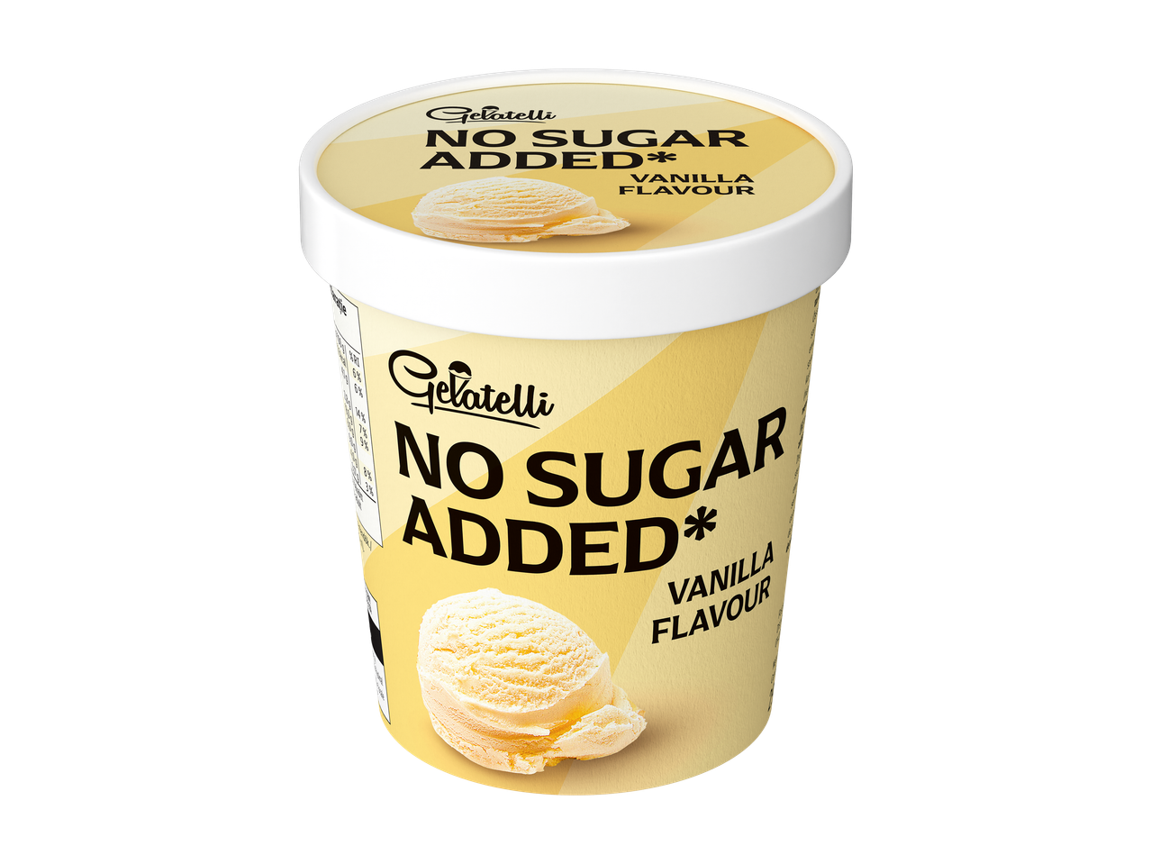 Cutie de înghețată Gelatelli fără zahăr adăugat, cu aromă de vanilie.