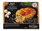 Deluxe Chicken & Mushroom Pie, 450g, serves 2, cooks in 45-50 mins.