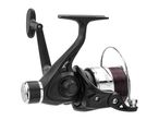 Black fishing reel with brown line on a white background.