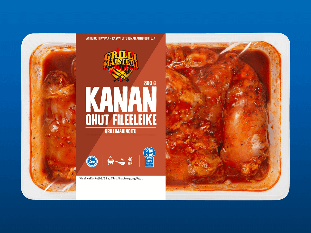 Grillausvalmis Grill Maisteri kananfileepakkaus (800g), marinoidut, kotimaiset.