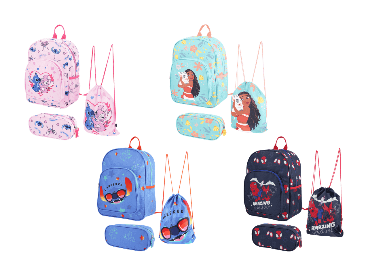 Sacs à dos, sacs de sport et trousses pour enfants avec motifs de personnages de dessins animés.