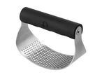 Stainless steel garlic press with a black handle