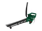 Green electric leaf blower with a black strap and wheels