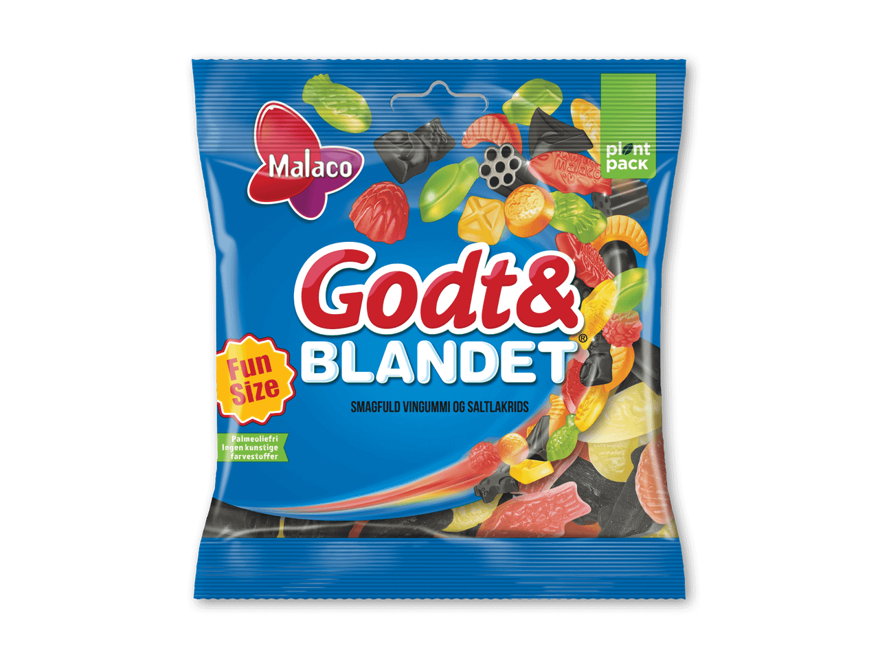 Blå pose med blandet vingummi og saltlakrids, mærket 'Fun Size' og 'plant pack'.
