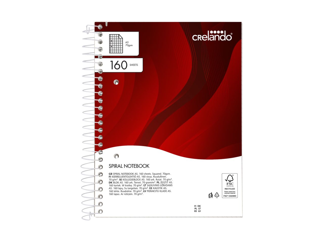 Spiralnotesbog i A5-format med 160 ark, 70 g/m², med ternede sider.