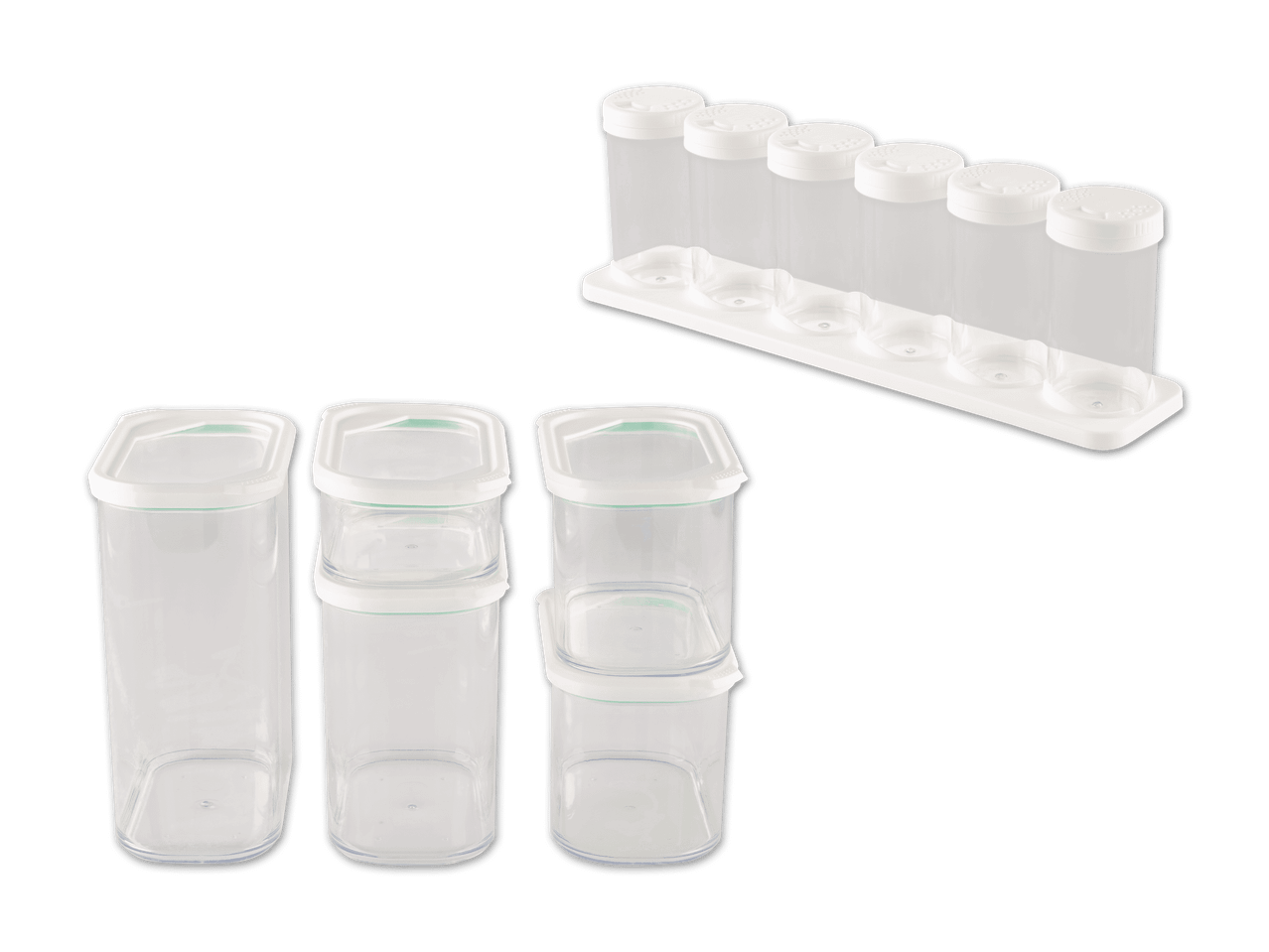 Transparente Vorratsdosen und Gewürzstreuer mit weißem Deckel auf schwarzem Hintergrund