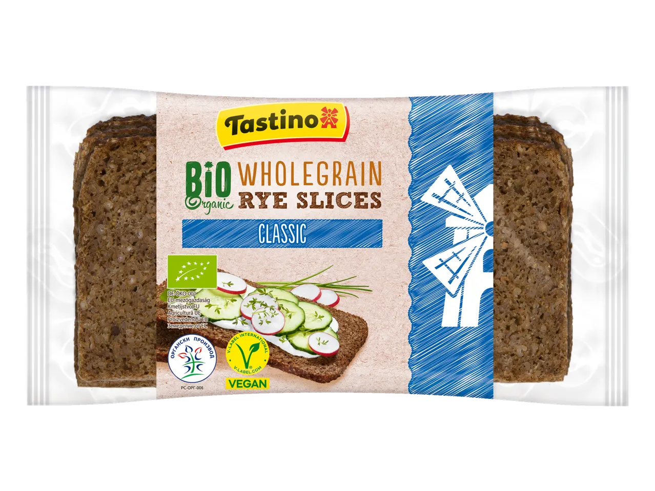 Tastino bio teljes kiőrlésű rozskenyérszeletek: klasszikus, vegán.