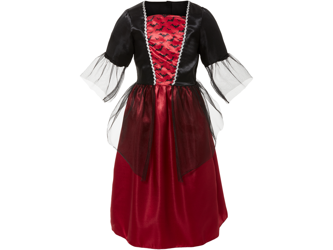Kids' Halloween vampire costume in black and red with bat print.