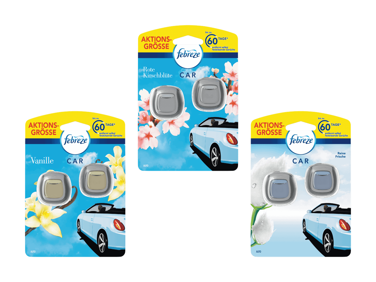 Drei Packungen Febreze Auto-Lufterfrischer, mit den Düften Vanille, Kirschblüte und Reine Frische.