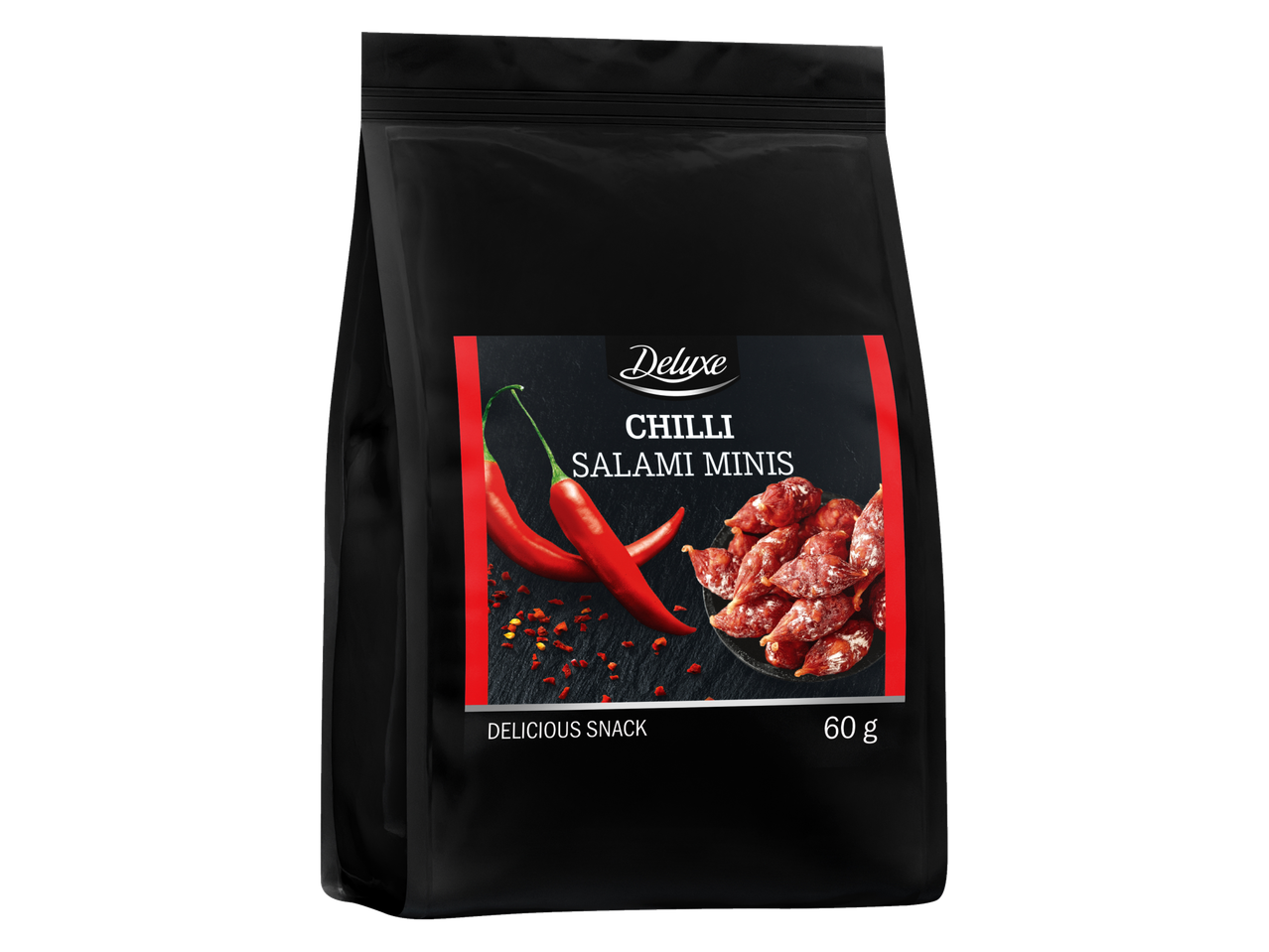 Must kott Deluxe Chilli Salami Minis'ega, maitsev suupiste, kaaluga 60g.