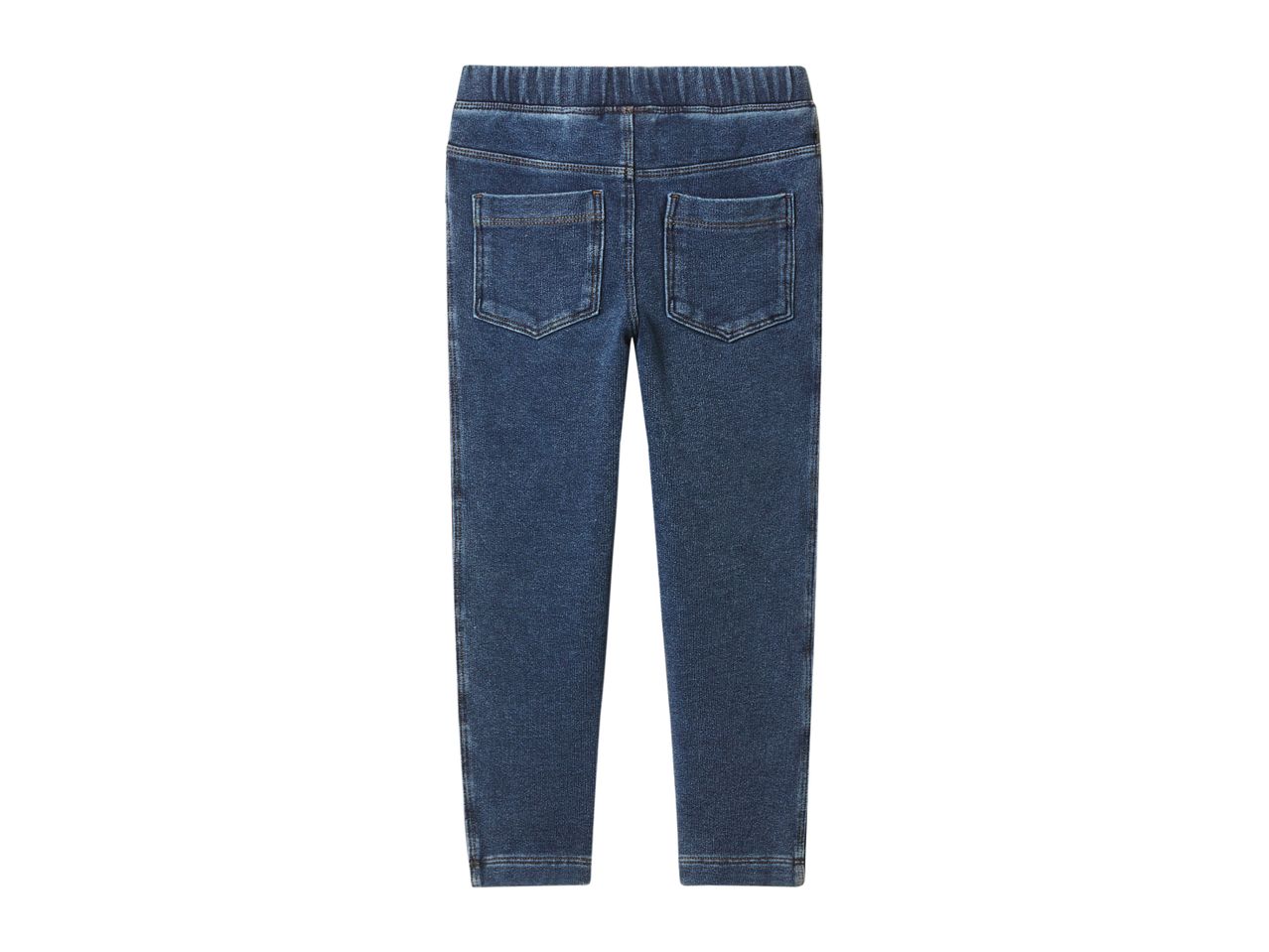 Dark blue denim jeggings for children with an elasticated waist and two back pockets.