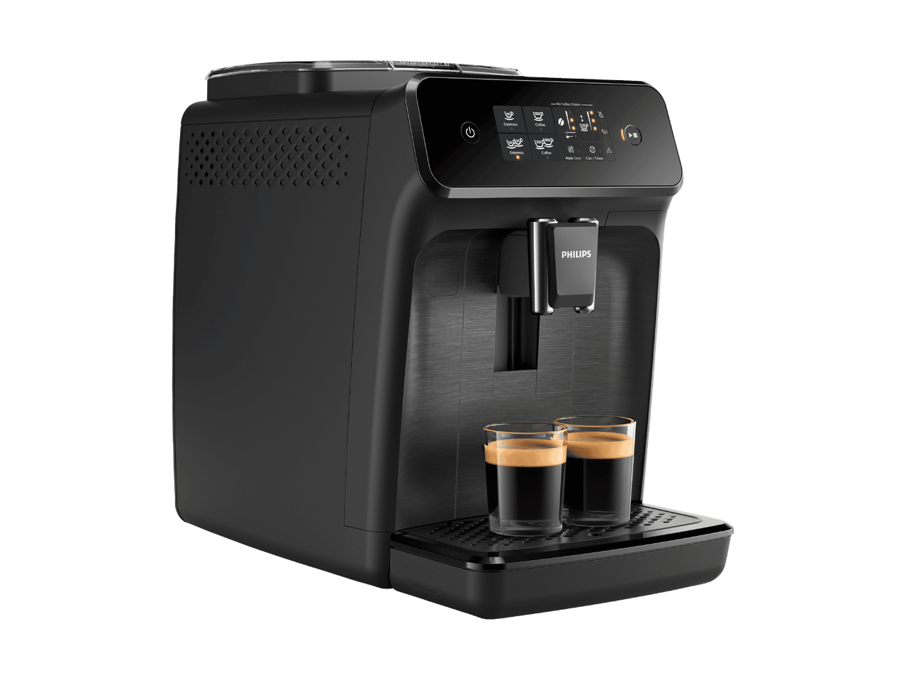Schwarze Kaffeemaschine mit zwei Espressotassen und Touchscreen-Display.