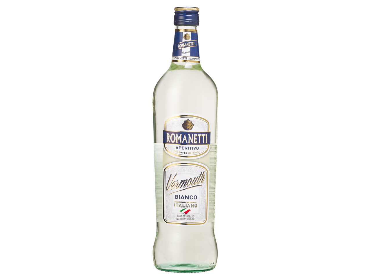 Romanetti Vermouth Bianco, un apéritif italien dans une bouteille transparente.