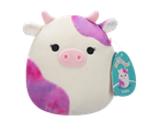 Squishmallows Kalina the cow plush toy, white with purple and pink patches.