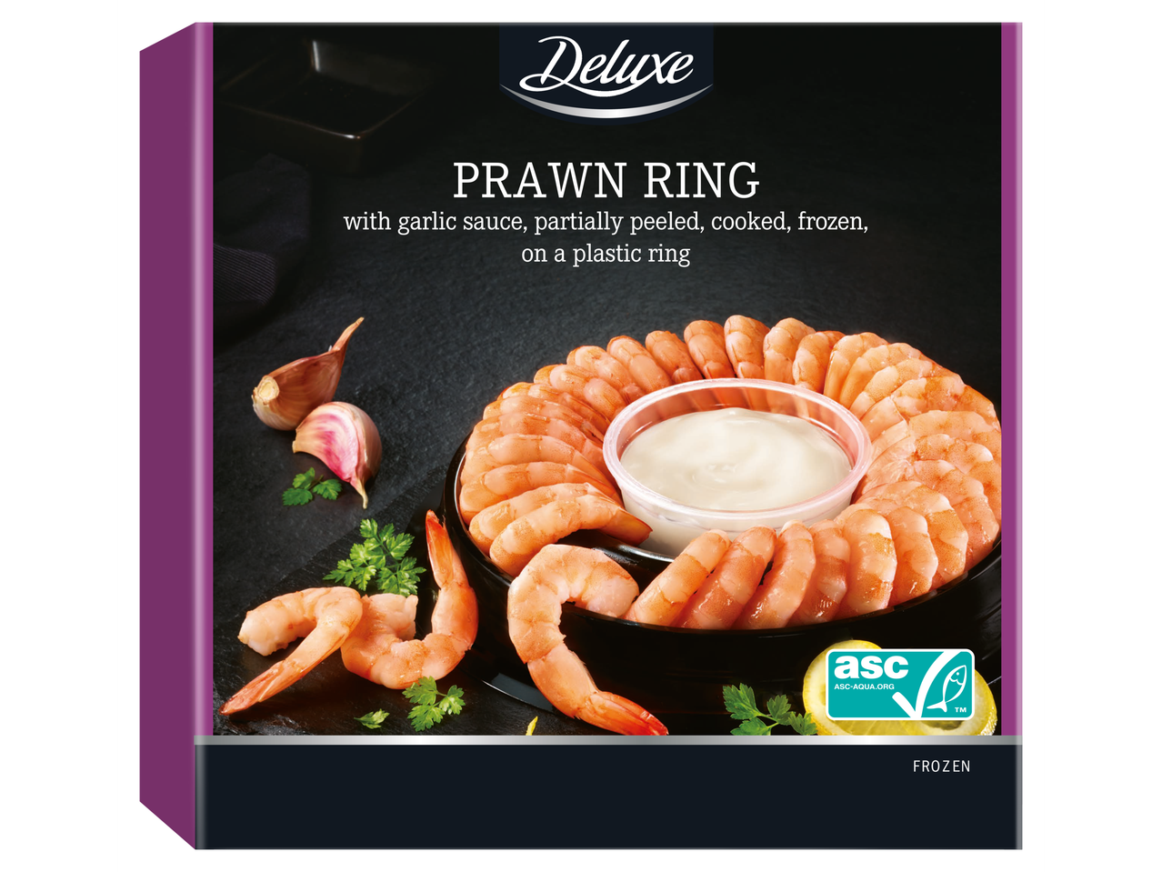 Deluxe krevečių žiedas su česnakų padažu: virtos, iš dalies luptos, šaldytos.