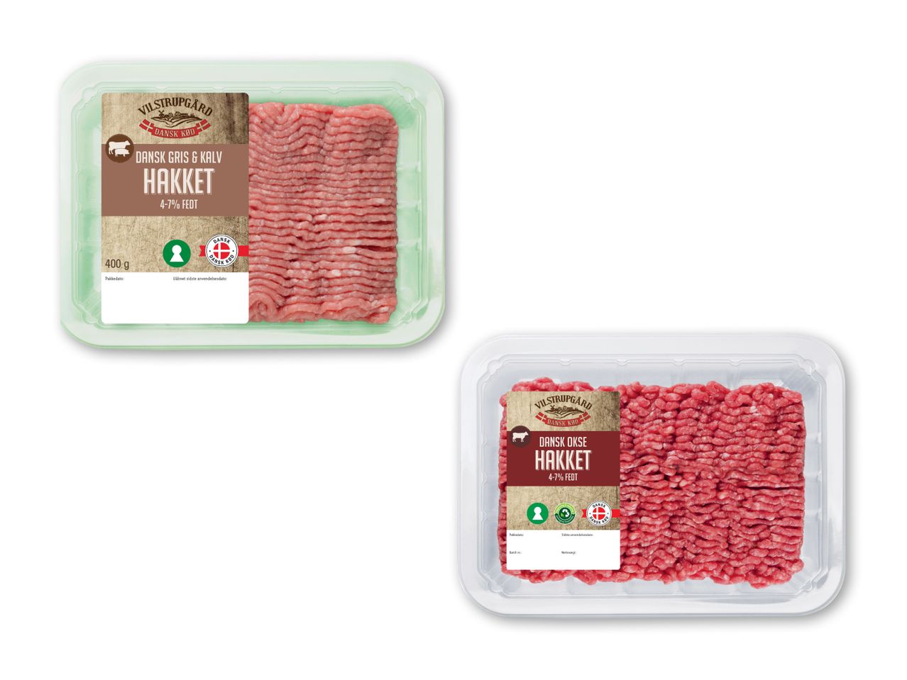 To pakker hakket kød, muligvis fra samme mærke.