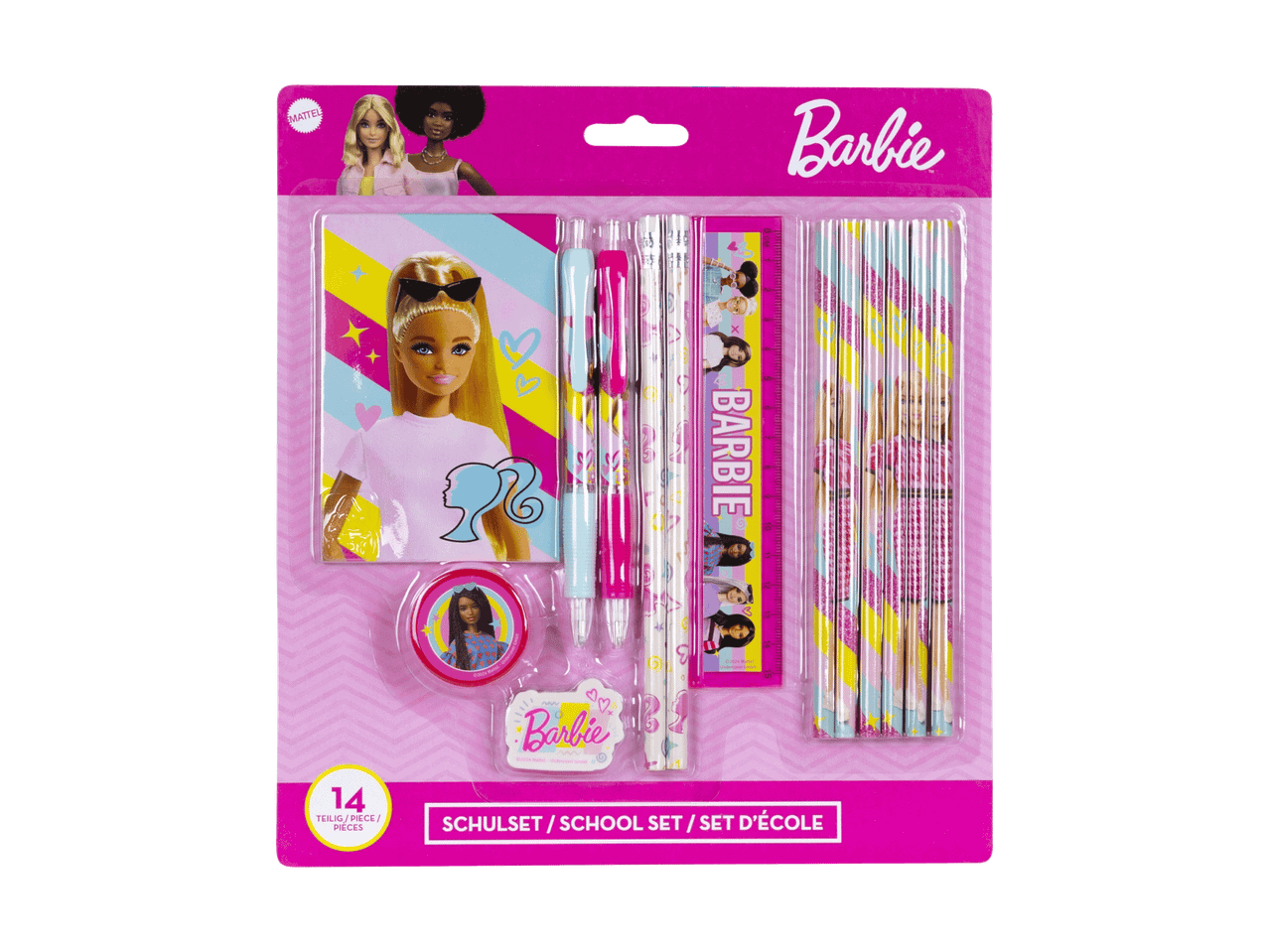 Skolesæt med 14 dele, inklusive blyanter, kuglepenne, lineal, viskelæder og blyantspidser, med Barbie-tema.