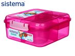 Pink bento lunch box with multiple compartments and a small container, featuring a sandwich, mandarins, crackers, and strawberries.