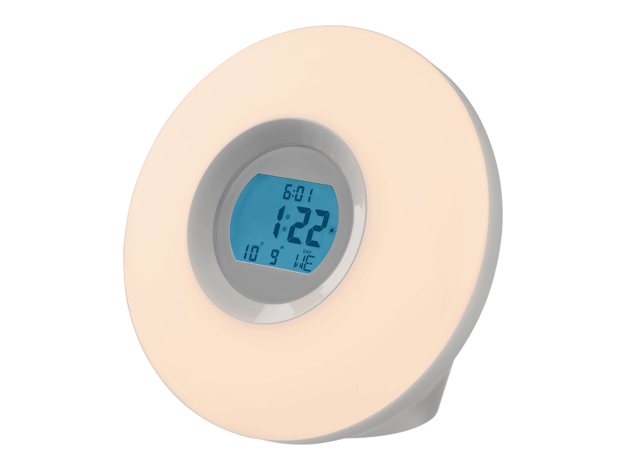Herätyskello, jossa on valo ja digitaalinen näyttö, joka näyttää ajan 1:22 ja päivämäärän 10.9. WE.