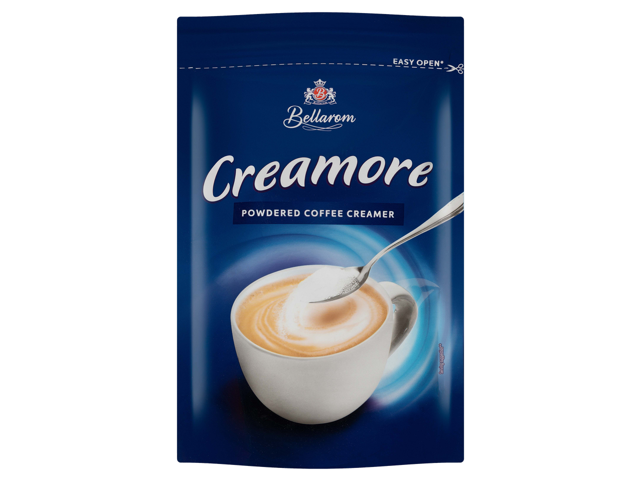 Krémes kávéfehérítő por kék csomagolásban, bögrével és kanállal ábrázolva.