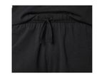 Close-up of black sweatpants with a drawstring waist.