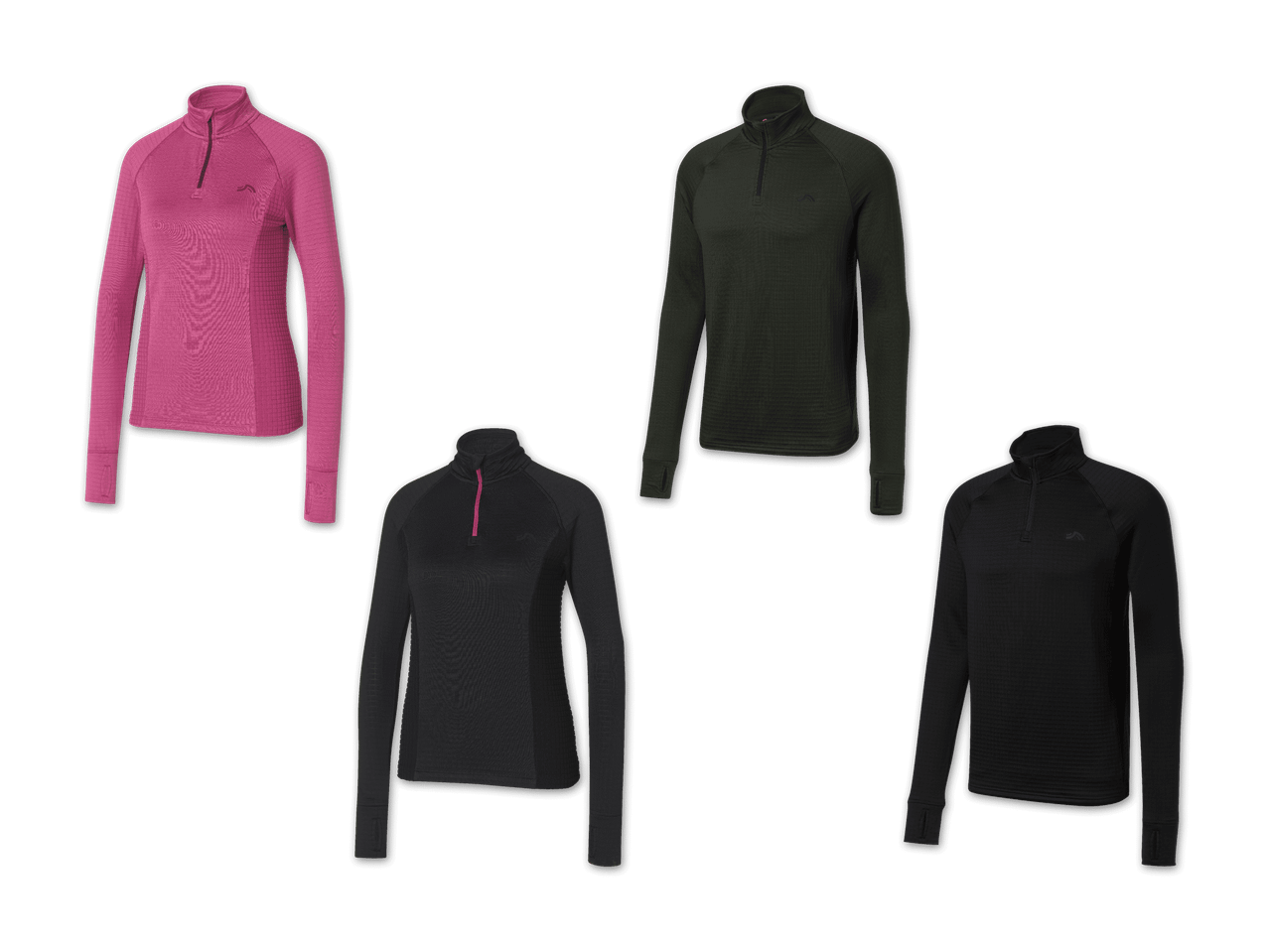 Vier langärmelige Sportoberteile in Pink, Dunkelgrün und Schwarz.