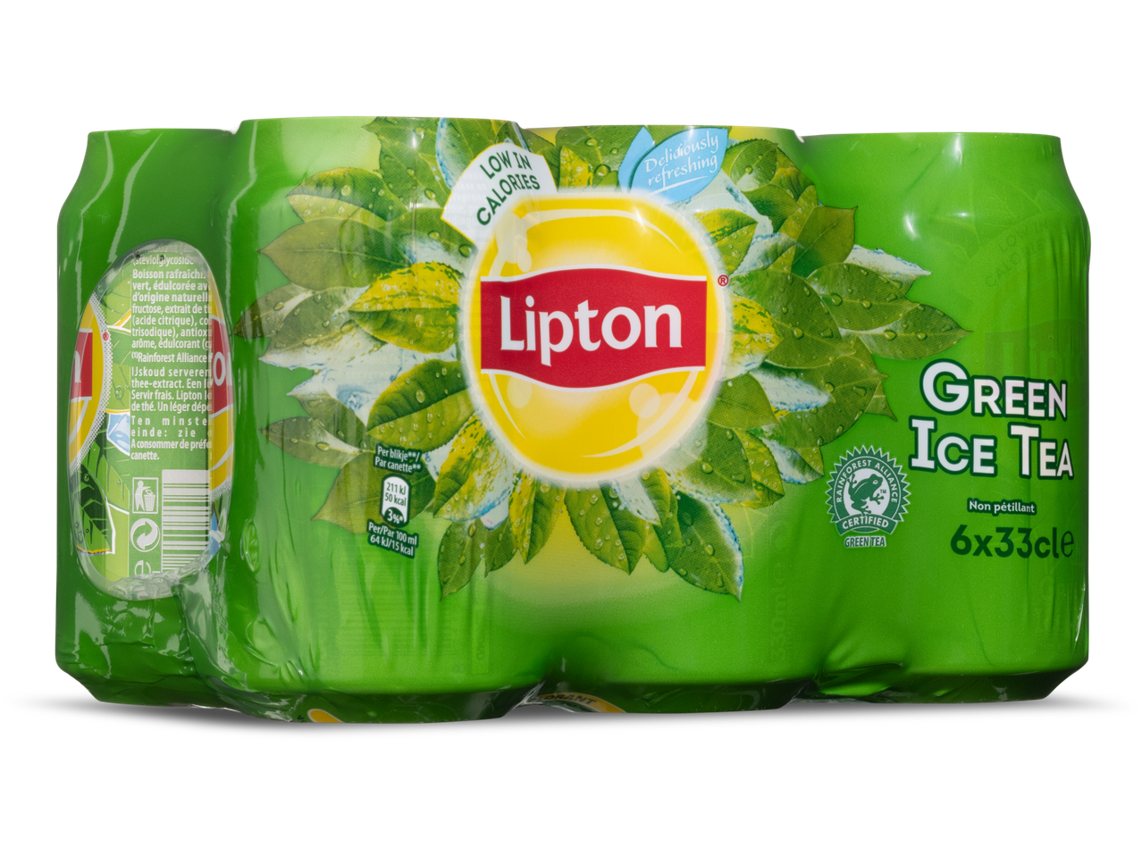 Lipton groene ijsthee: 6 blikjes van 330 ml, laag in calorieën.