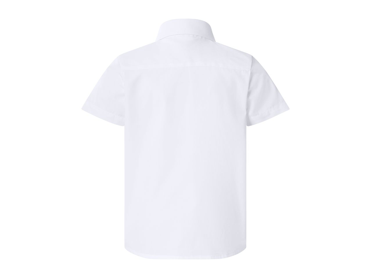 Back view of a plain white short-sleeved shirt with a collar.