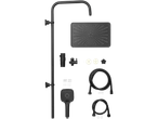 Juodas dušo komplektas su lietaus dušo galvute ir rankine dušo galvute.