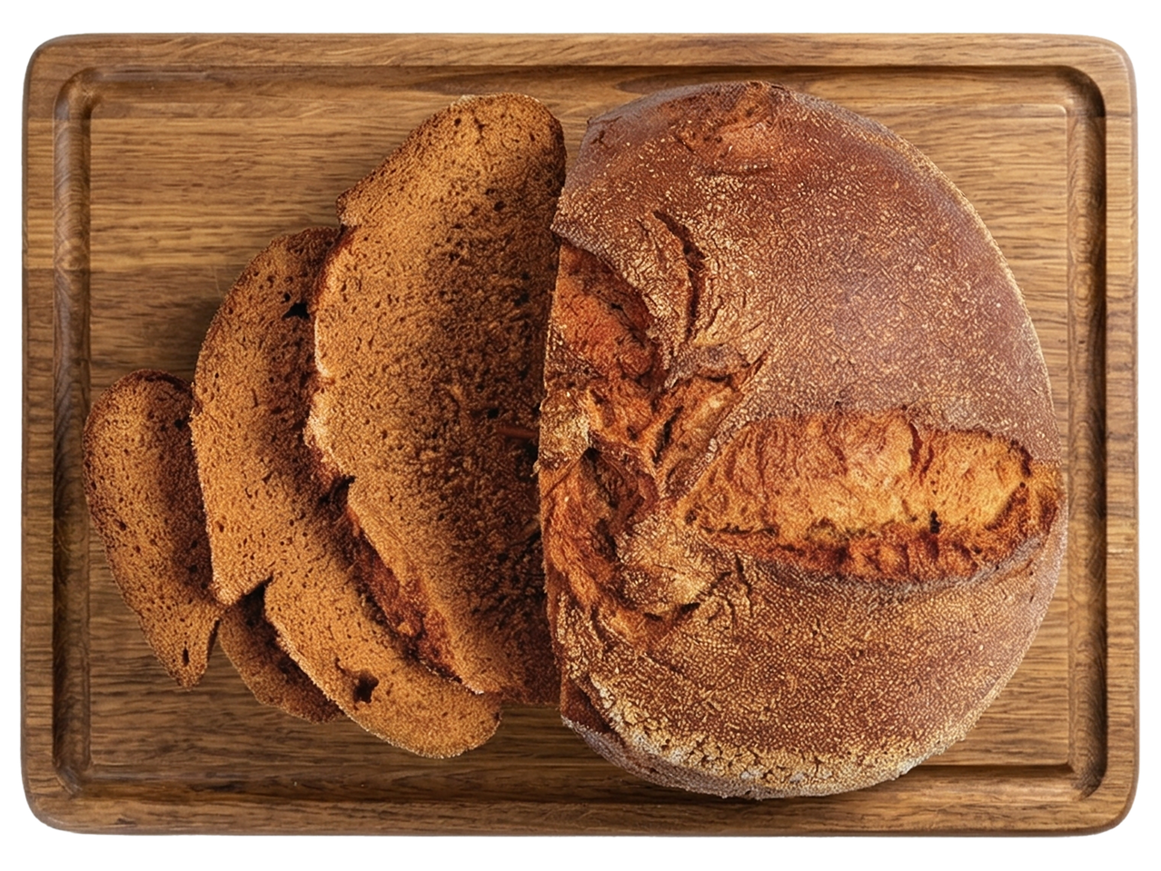 Puidust lõikelaual on terve leib ja viilutatud leib.