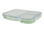 A light green rectangular lunchbox with a clear lid and three compartments.