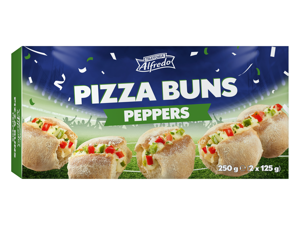 Boîte de pizza buns aux poivrons, avec un fond de stade de football.