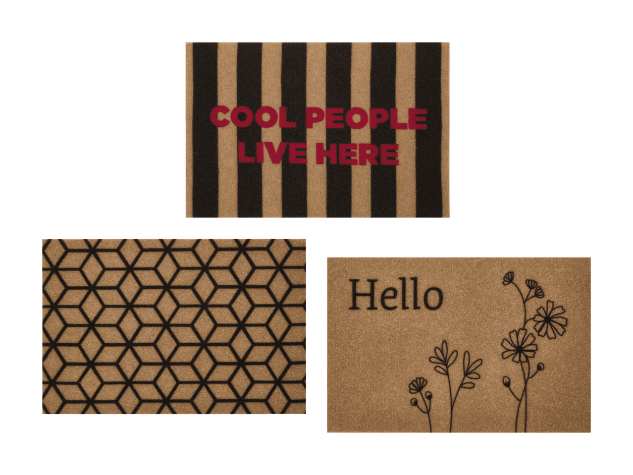 Tre dørmåtter: en med teksten 'COOL PEOPLE LIVE HERE', en med et geometrisk mønster og en med teksten 'Hello' og blomster.