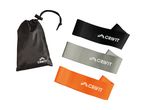 A black drawstring bag and three resistance bands in black, grey, and orange.