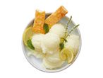 Lemon sorbet with crispy pastry rolls, mint, and lemon slices in a bowl.