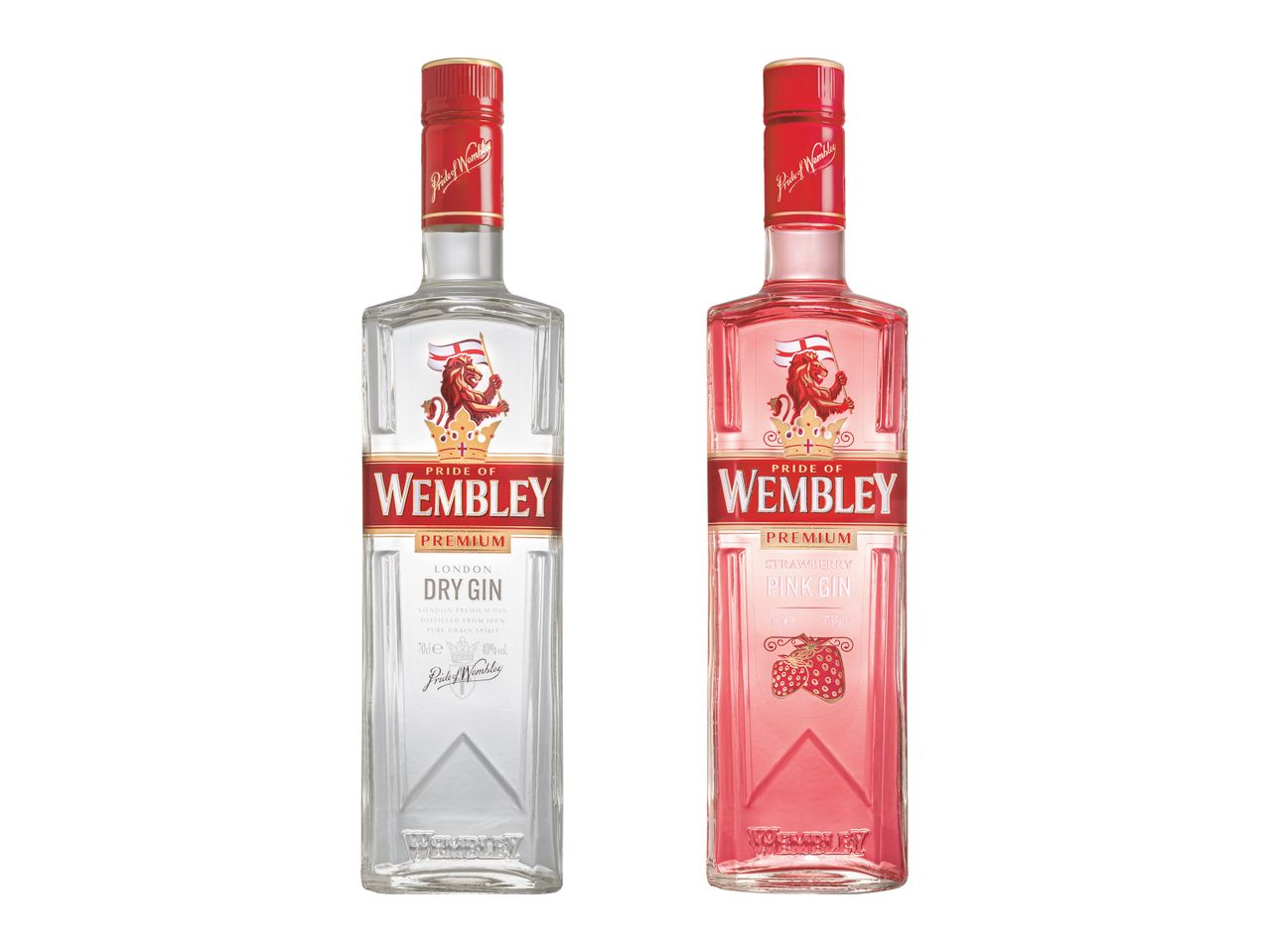 Două sticle de gin Pride of Wembley, una London Dry Gin și una Strawberry Pink Gin.
